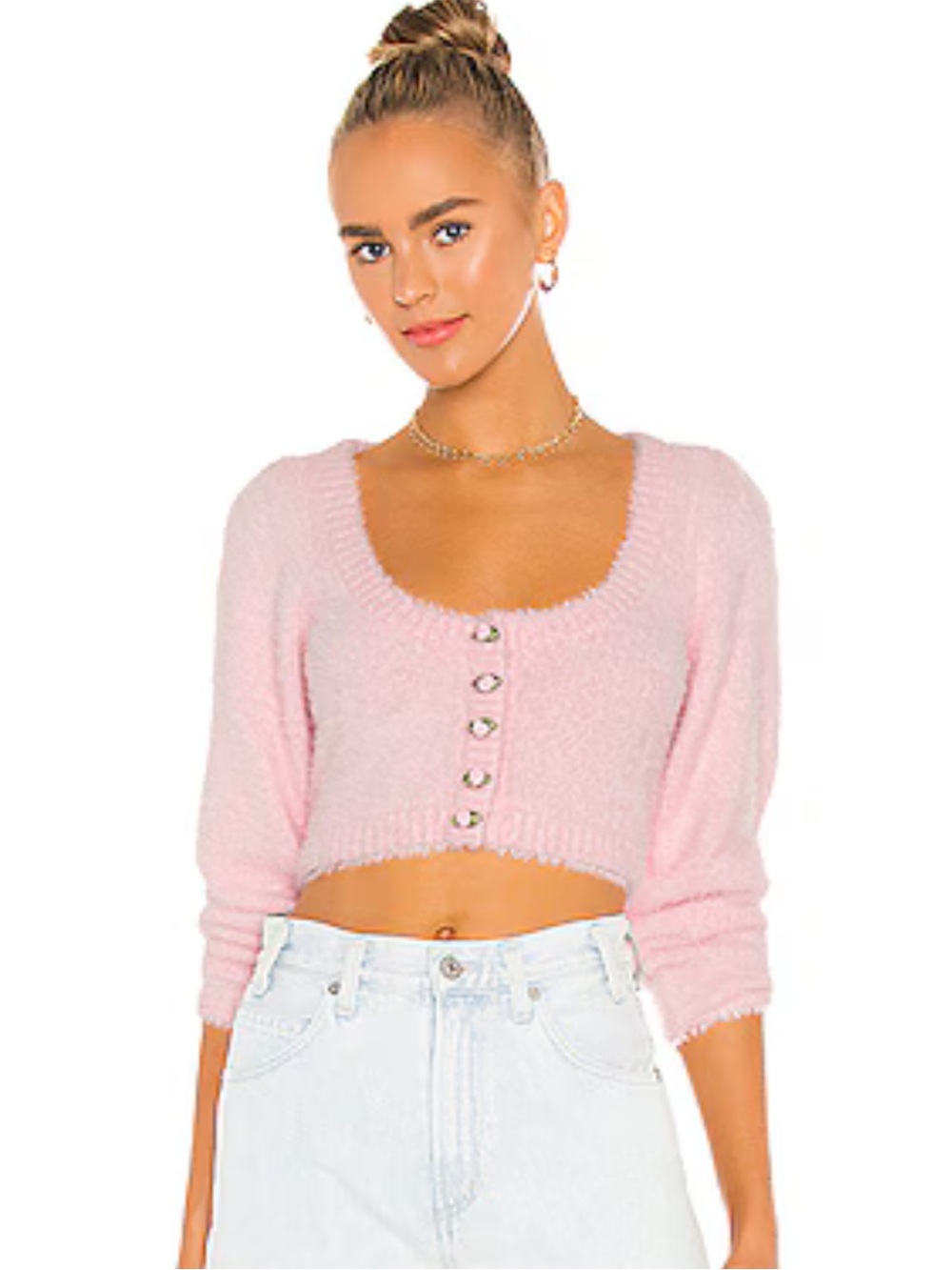 For Love & Lemons Anastasia Y2K Fuzzy Cardigan with Roses Pink Size XXS